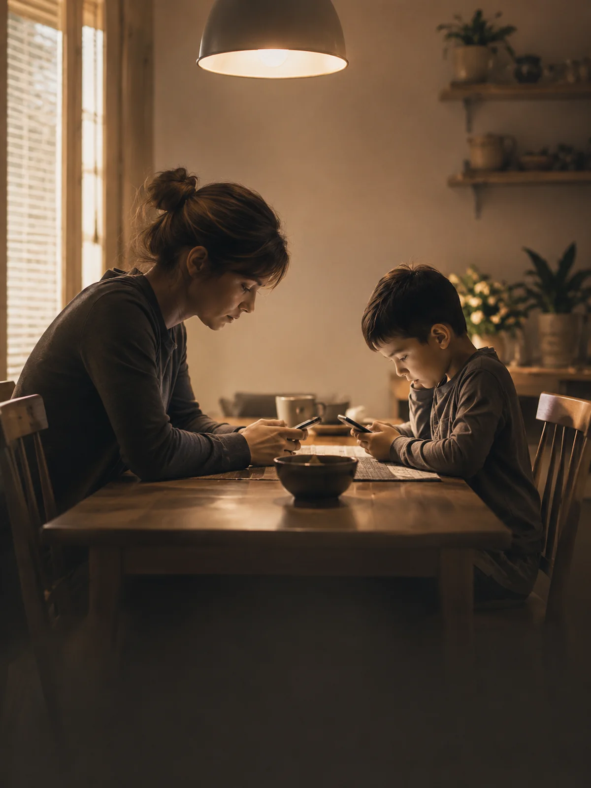 Mãe e filho à mesa, cada um com seu celular