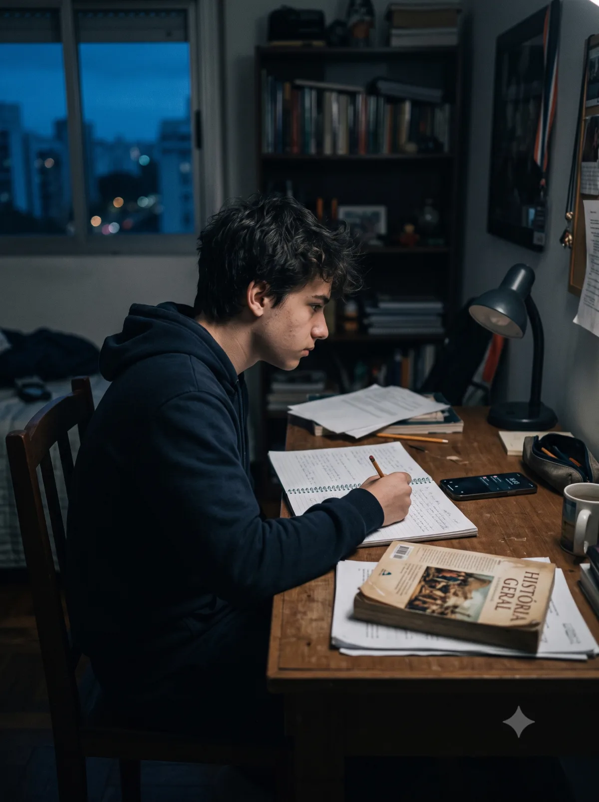Adolescente estudando à noite no quarto, com caderno, livro e celular sobre a mesa